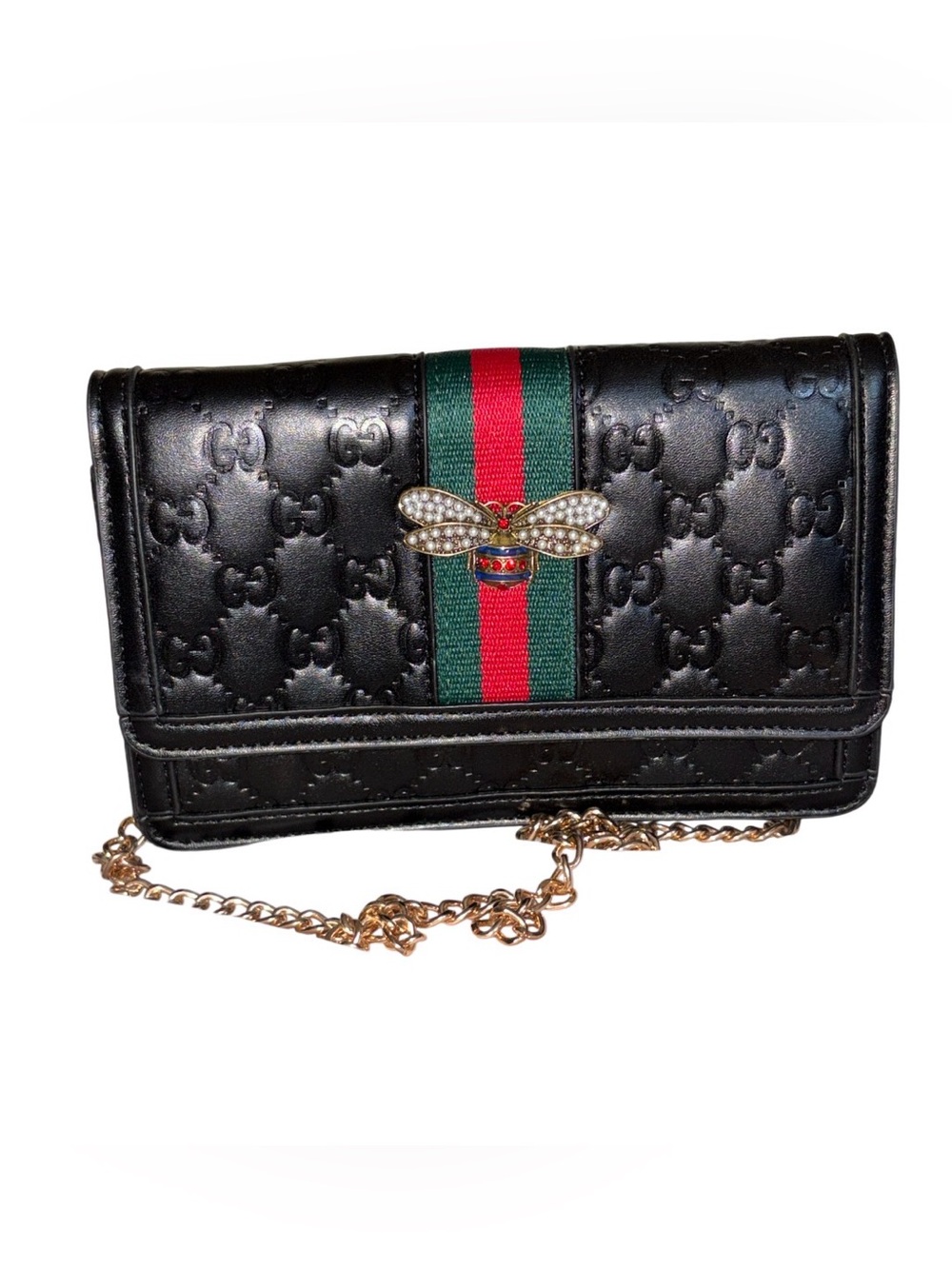 Black Leather Bee Web Stripe Shoulder Bag